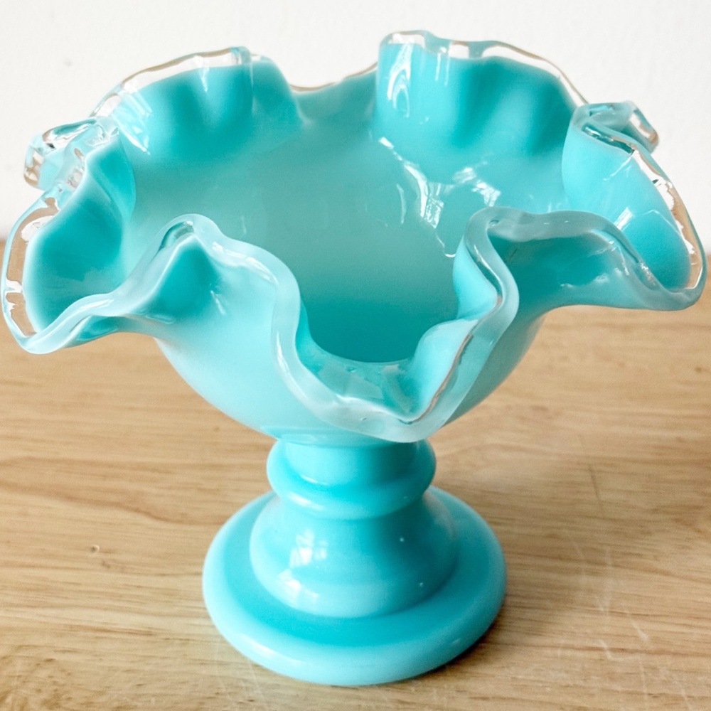 Vintage Fenton Silver Turquoise Crest Crimped Compote MCM Pedestal Bowl - Picture 4 of 16